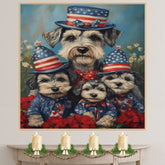 Schnauzer Dog Family in Patriotic Outfits and American Flag Hats with Flowers for Fourth of July Celebration on Ready to Hang 1.5" Thick Canvas Wrap, Floating Framed Canvas, Flat Rolled Canvas